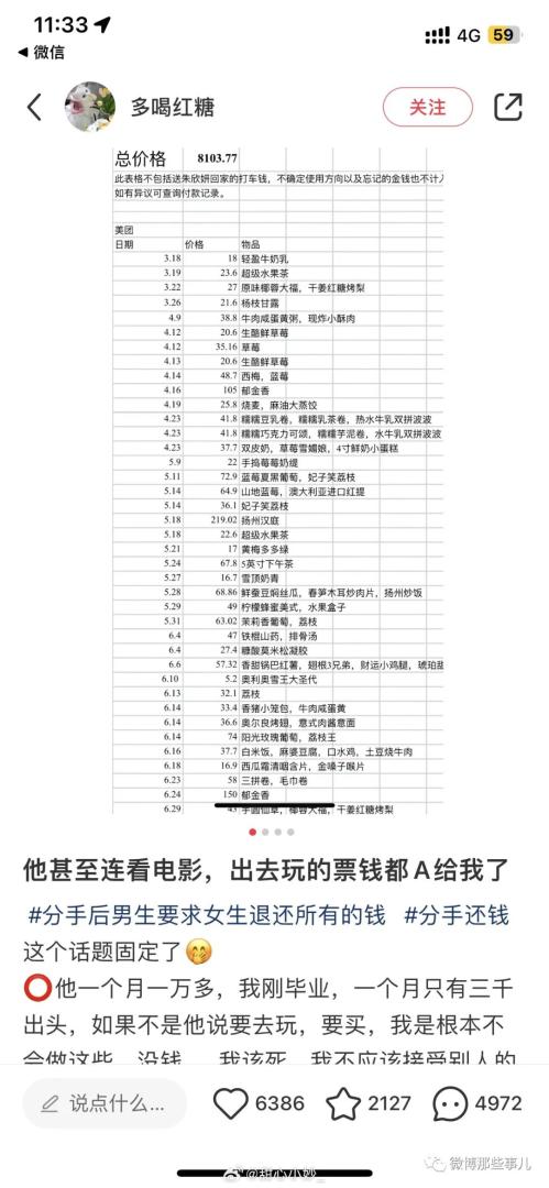 分手后男生要求女生退还所有的钱，20元的钟点房都要AA